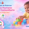 Un niño sonriente con una camiseta amarilla juega con bloques de colores. La imagen promociona un paquete de rúbricas educativas llamado "De lo Humano y lo Comunitario" para educación infantil de Editorial MD.