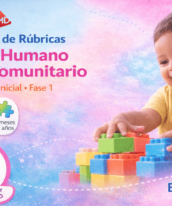 Un niño sonriente con una camiseta amarilla juega con bloques de colores. La imagen promociona un paquete de rúbricas educativas llamado "De lo Humano y lo Comunitario" para educación infantil de Editorial MD.