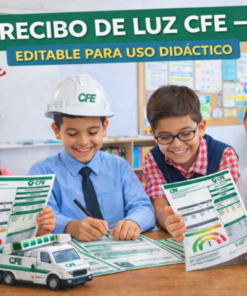 Cuatro niños sonrientes se sientan a la mesa de un aula y miran las facturas de electricidad de la CFE y un camión de la CFE de juguete. Un niño lleva un casco blanco. El texto de arriba dice: "RECIBO DE LUZ CFE - EDITABLE PARA USO DIDÁCTICO".