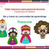 Colorida diapositiva con personajes de dibujos animados de dos reyes, una reina y una mujer con gafas. Título: "Taller intensivo para personal docente". Subtítulo: "Preescolar". La diapositiva es para un taller para personal docente de preescolar.