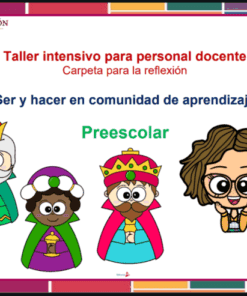 Colorida diapositiva con personajes de dibujos animados de dos reyes, una reina y una mujer con gafas. Título: "Taller intensivo para personal docente". Subtítulo: "Preescolar". La diapositiva es para un taller para personal docente de preescolar.