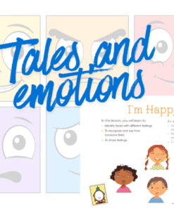 Cuatro caras de dibujos animados que muestran distintas emociones en cuadrados de color pastel. El texto en negrita azul dice "Cuentos y emociones". Debajo, una lección ilustrada titulada "Soy feliz" con caras de niños contentos, tristes, enfadados y sorprendidos.