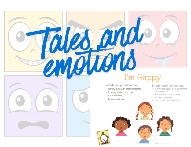 Planeación Proyecto preescolar "Emotions" 1 Cuatro caras de dibujos animados que muestran distintas emociones en cuadrados de color pastel. El texto en negrita azul dice "Cuentos y emociones". Debajo, una lección ilustrada titulada "Soy feliz" con caras de niños contentos, tristes, enfadados y sorprendidos.