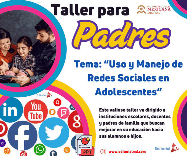 Taller “Uso y Manejo de Redes Sociales en Adolescentes” 1 Folleto promocional de un taller titulado "Taller para Padres" sobre el uso y la gestión de las redes sociales en adolescentes, con una imagen de una familia utilizando una tableta y varios iconos de redes sociales.