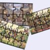 Tres coloridos puzzles con dibujos animados: un animado festival callejero, un soleado parque con niños y un vibrante jardín con flores y pájaros, todos ellos parcialmente completados y superpuestos entre sí.