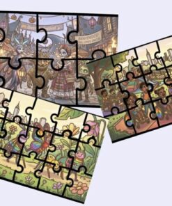 Tres coloridos puzzles con dibujos animados: un animado festival callejero, un soleado parque con niños y un vibrante jardín con flores y pájaros, todos ellos parcialmente completados y superpuestos entre sí.