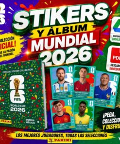 Imagen promocional del álbum de cromos de la Copa Mundial de la FIFA 2026 con la portada del álbum, cromos de futbolistas populares y texto promocionando una versión digital en PDF disponible en Google Drive.