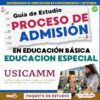 Imagen promocional cuadrada de una guía de estudio titulada "Proceso de Admisión en Educación Básica Educación Especial" de Editorial MD. En la parte inferior derecha, un profesor sonríe a un niño en un aula.