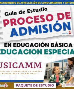 Imagen promocional cuadrada de una guía de estudio titulada "Proceso de Admisión en Educación Básica Educación Especial" de Editorial MD. En la parte inferior derecha, un profesor sonríe a un niño en un aula.