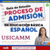Portada de una guía de estudio en español para la admisión a la educación básica, con texto en negrita, una mujer sonriente con atuendo profesional y logotipos de USICAMM y Editorial MD. El diseño es colorido e informativo.