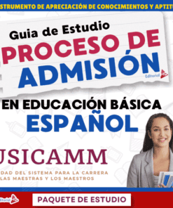 Portada de una guía de estudio en español para la admisión a la educación básica, con texto en negrita, una mujer sonriente con atuendo profesional y logotipos de USICAMM y Editorial MD. El diseño es colorido e informativo.