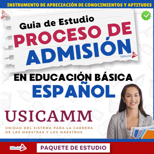 Guía de Estudio Admisión Español Educación Secundaria- USICAMM 2026 - 2027 + (Simulador 90 Reactivos) 1 Portada de una guía de estudio en español para la admisión a la educación básica, con texto en negrita, una mujer sonriente con atuendo profesional y logotipos de USICAMM y Editorial MD. El diseño es colorido e informativo.