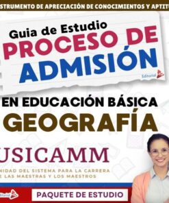 Portada de una guía de estudio para el proceso de admisión al USICAMM en educación básica, centrada en la geografía. Incluye la imagen de una mujer sonriente con lentes en la esquina inferior derecha y texto a color sobre fondo blanco.