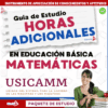 Portada de una guía de estudio titulada "Horas Adicionales en Educación Básica Matemáticas USICAMM". Muestra a una mujer sonriente con gafas que sostiene libros y una manzana roja, y bloques de texto de colores sobre fondo blanco.
