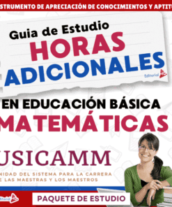 Portada de una guía de estudio titulada "Horas Adicionales en Educación Básica Matemáticas USICAMM". Muestra a una mujer sonriente con gafas que sostiene libros y una manzana roja, y bloques de texto de colores sobre fondo blanco.