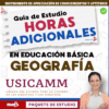 Portada de una guía de estudio titulada "Guía de Estudio Horas Adicionales en Educación Básica Geografía USICAMM", con una mujer sonriente con gafas en la esquina inferior derecha.