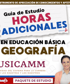 Portada de una guía de estudio titulada "Guía de Estudio Horas Adicionales en Educación Básica Geografía USICAMM", con una mujer sonriente con gafas en la esquina inferior derecha.