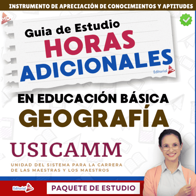 Guía de Estudio HORAS ADICIONALES GEOGRAFÍA Educación Secundaria- USICAMM 2026 - 2027 + (Simulador 90 Reactivos) 1 Portada de una guía de estudio titulada "Guía de Estudio Horas Adicionales en Educación Básica Geografía USICAMM", con una mujer sonriente con gafas en la esquina inferior derecha.