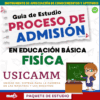 Portada de una guía de estudio titulada "Guía de Estudio Proceso de Admisión en Educación Básica Física USICAMM", con un profesor de dibujos animados ante una pizarra con fórmulas de física. El texto incluye "Paquete de Estudio" y logotipos.
