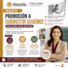 Folleto promocional de un paquete de "Subdirector Académico", con una mujer sonriente vestida con traje de negocios y una lista de recursos incluidos, como una carta de intenciones, un plan de mejora y una guía profesional actualizada para el curso escolar 2026-2027.