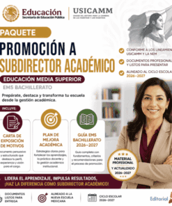Folleto promocional de un paquete de "Subdirector Académico", con una mujer sonriente vestida con traje de negocios y una lista de recursos incluidos, como una carta de intenciones, un plan de mejora y una guía profesional actualizada para el curso escolar 2026-2027.