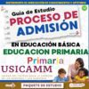 Portada de una guía de estudio para el proceso de admisión al USICAMM en educación básica y primaria. Una maestra ayuda a tres niños pequeños con sus tareas escolares. Texto colorido y en negritas resalta información clave.