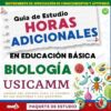 Portada de una guía de estudio titulada "Guía de Estudio Horas Adicionales en Educación Básica Biología USICAMM" con coloridas ilustraciones de temática científica y diversos iconos relacionados con la educación.