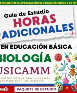 Portada de una guía de estudio titulada "Guía de Estudio Horas Adicionales en Educación Básica Biología USICAMM" con coloridas ilustraciones de temática científica y diversos iconos relacionados con la educación.