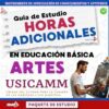 Un hombre pinta sobre un lienzo en la esquina inferior derecha. El texto promueve una guía de estudio de horas adicionales en educación artística para el programa mexicano USICAMM, con un diseño colorido y logotipos educativos.