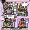 Ilustración que muestra diversas familias: una anciana con un niño, dos madres con un niño, una madre abrazando a dos niños e iconos familiares. Incluye mensajes de amor, protección e inclusión en español.