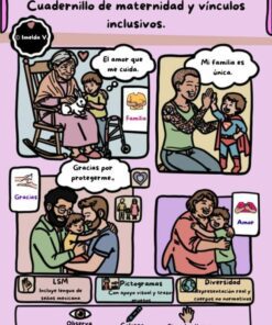 Ilustración que muestra diversas familias: una anciana con un niño, dos madres con un niño, una madre abrazando a dos niños e iconos familiares. Incluye mensajes de amor, protección e inclusión en español.