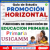 Portada de una guía de estudio sobre "Promoción horizontal" y funciones directivas en la enseñanza primaria, en la que aparece un profesor ayudando a dos jóvenes estudiantes. El texto destaca USICAMM y está publicado por Editorial MD y Educación.