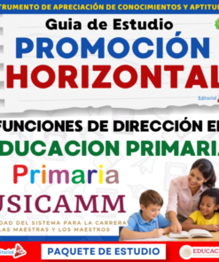 Portada de una guía de estudio sobre "Promoción horizontal" y funciones directivas en la enseñanza primaria, en la que aparece un profesor ayudando a dos jóvenes estudiantes. El texto destaca USICAMM y está publicado por Editorial MD y Educación.