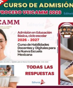 Gráfica promocional para el curso de admisión USICAMM 2026, mostrando a una mujer, una mano escribiendo en un papel, un teléfono inteligente, y texto destacando las habilidades educativas y "todas las respuestas".