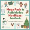 Colorido folleto con ilustraciones navideñas de niños, un muñeco de nieve, un árbol de Navidad e iconos educativos. El texto dice: "Mega Pack de Actividades Naviñeas: 2do Grado. Aprendizaje y Magia en un solo archivo!.