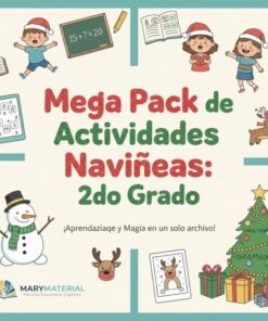 Colorido folleto con ilustraciones navideñas de niños, un muñeco de nieve, un árbol de Navidad e iconos educativos. El texto dice: "Mega Pack de Actividades Naviñeas: 2do Grado. Aprendizaje y Magia en un solo archivo!.