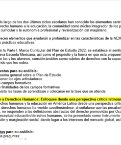 Una captura de pantalla de un texto en español destaca un análisis del currículo educativo conectado a la propuesta NEM, incluyendo un plan de estudios 2022, perspectivas críticas sobre los derechos humanos latinoamericanos, actividades analíticas sugeridas y reflexiones sobre el enfoque del producto 