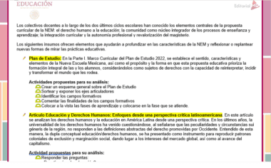 Una captura de pantalla de un texto en español destaca un análisis del currículo educativo conectado a la propuesta NEM, incluyendo un plan de estudios 2022, perspectivas críticas sobre los derechos humanos latinoamericanos, actividades analíticas sugeridas y reflexiones sobre el enfoque del producto "Productos Contestados Segunda sesión CTE 2024 Preescolar" hacia la educación preescolar.