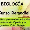 Gráfico para un curso de Curso Remedial Biología, que presenta la palabra "Biología" en letras grandes, con el subtítulo "curso remedial" sobre un fondo de hojas verdes y amarillas. El texto describe el enfoque del curso en los estudiantes en transición del sexto grado a la escuela secundaria.
