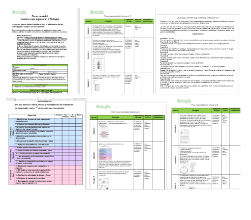 La imagen muestra varias páginas de un libro de texto o guía de estudio del Curso de Biología Remedial en español dispuestas una al lado de la otra, con tablas, diagramas y bloques de texto en varios colores que organizan la información de forma secuencial.
