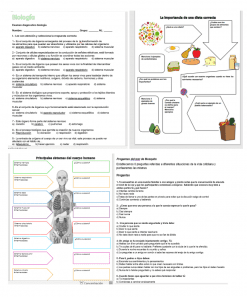 Esta imagen muestra un collage de materiales educativos relacionados con Curso Remedial Biología, incluidos diagramas de sistemas humanos, un cuadro de recomendaciones de dieta saludable y cuestionarios con casillas de verificación para evaluaciones de aprendizaje.