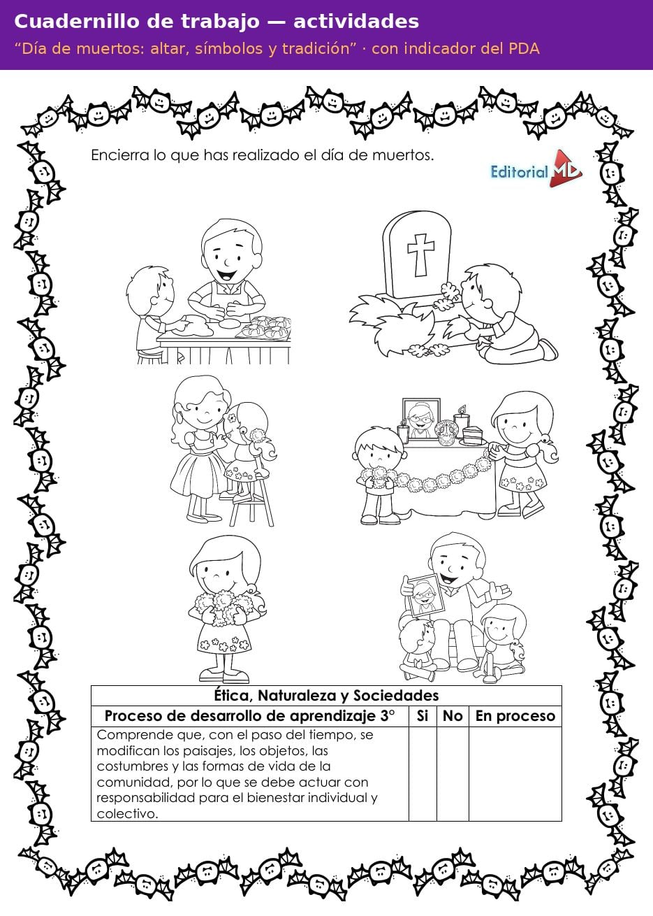 Planeación Altar de Muertos para Preescolar: Símbolos y Tradición 13 Página del cuadernillo de trabajo Día de muertos: altar, símbolos y tradición para preescolar con indicador del PDA