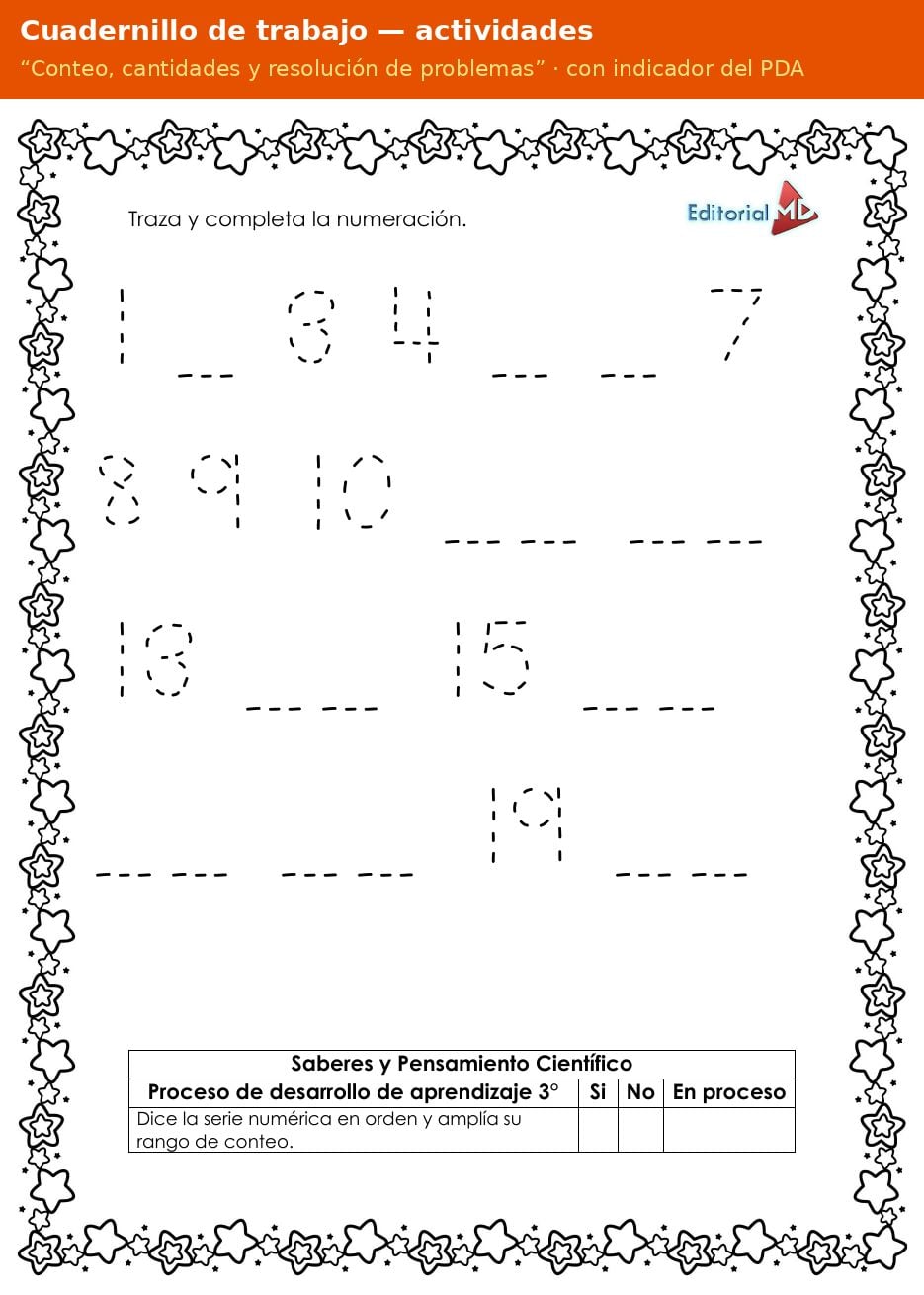 Planeación de Conteo para Preescolar: Cantidades y Resolución de Problemas 13 Página del cuadernillo de trabajo Conteo, cantidades y resolución de problemas para preescolar con indicador del PDA