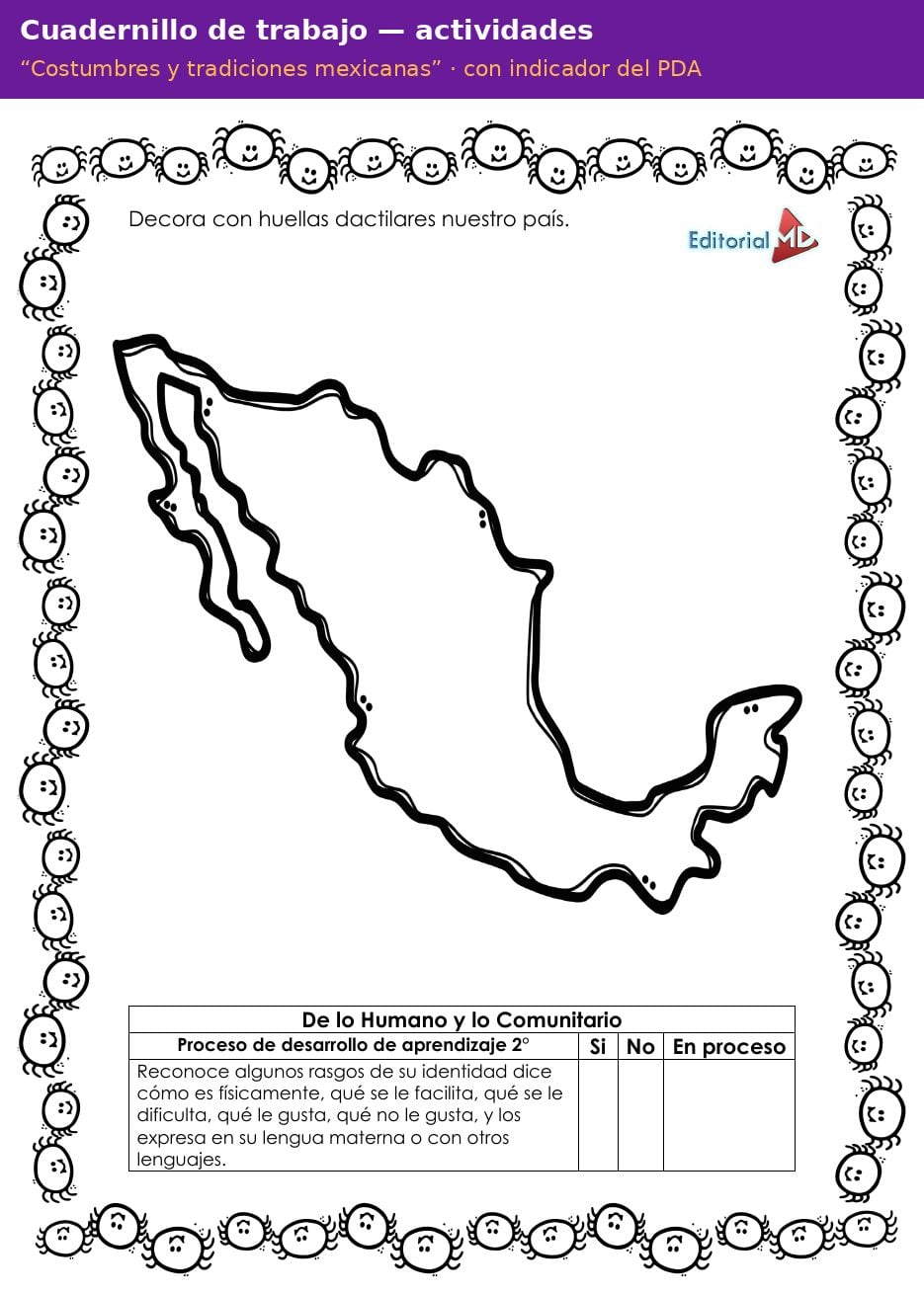 Planeación de Costumbres y Tradiciones Mexicanas para Preescolar 13 Página del cuadernillo de trabajo Costumbres y tradiciones mexicanas para preescolar con indicador del PDA