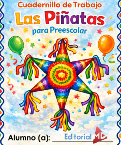 El Cuadernillo de Trabajo Las Piñatas para Preescolar presenta una vibrante portada con una piñata en forma de estrella arco iris, dos globos, bordes festivos, el título "Las Piñatas para Preescolar" y espacio para escribir el nombre del alumno.