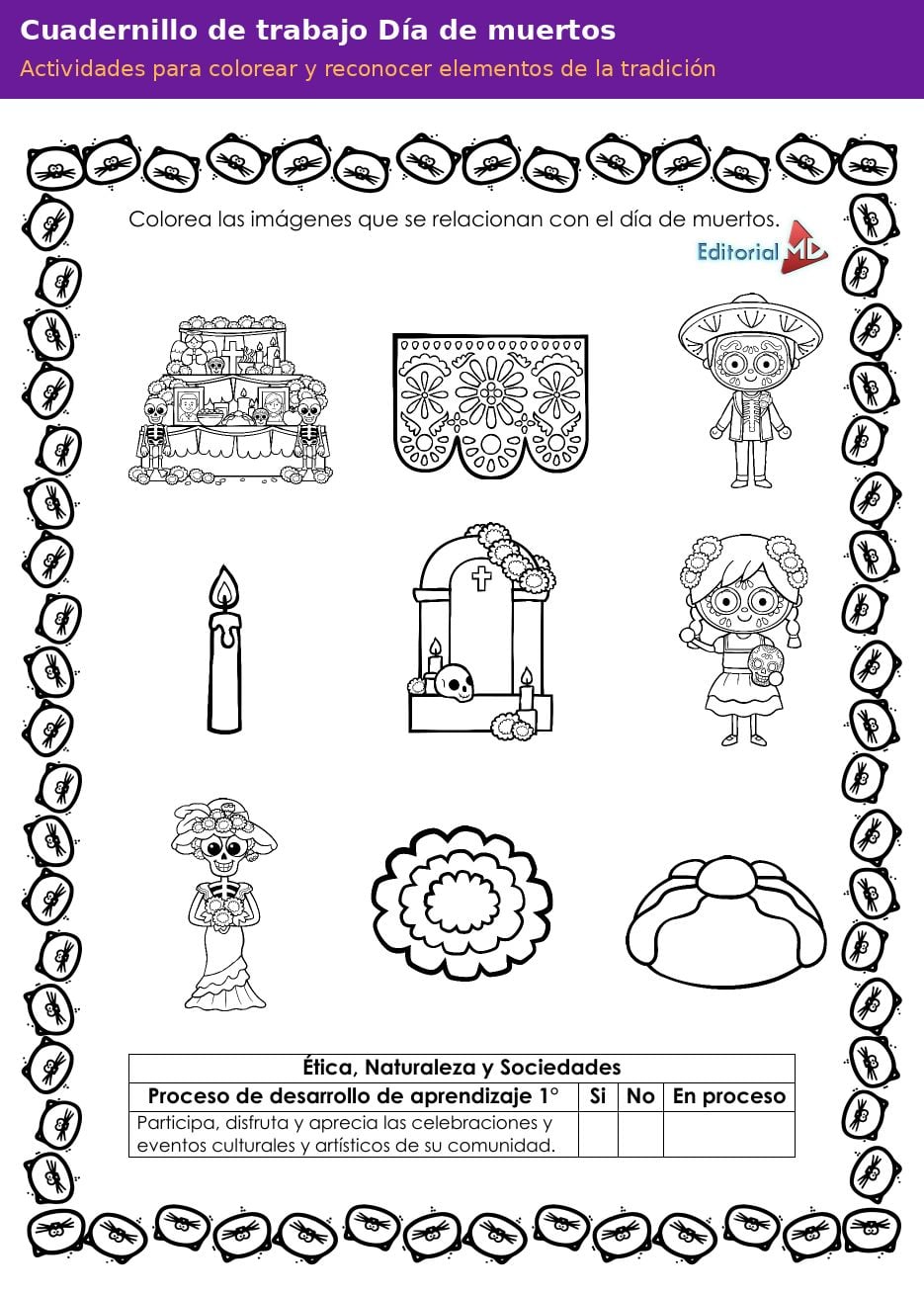 Planeación Día de Muertos para Preescolar | Taller Crítico NEM 13 Cuadernillo de trabajo de Día de Muertos para preescolar con actividades para colorear los elementos de la tradición
