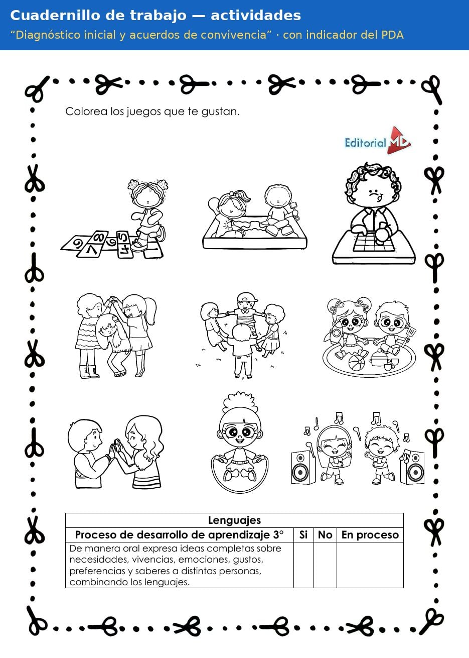 Planeación Diagnóstico Inicial y Acuerdos de Convivencia para Preescolar 13 Página del cuadernillo de trabajo Diagnóstico inicial y acuerdos de convivencia para preescolar con indicador del PDA