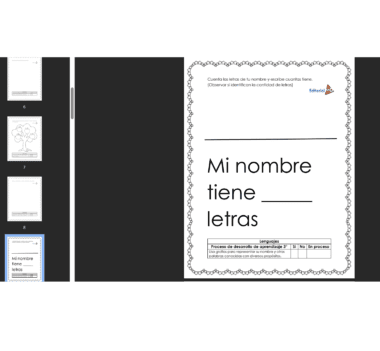 Hoja de trabajo con la pregunta "Mi nombre tiene ___ letras", borde decorativo, líneas en blanco y un cuadro de progreso. Ideal para Planeación Diagnóstica Preescolar NEM (Septiembre) 2025-2026. Las diapositivas de la izquierda muestran páginas similares.