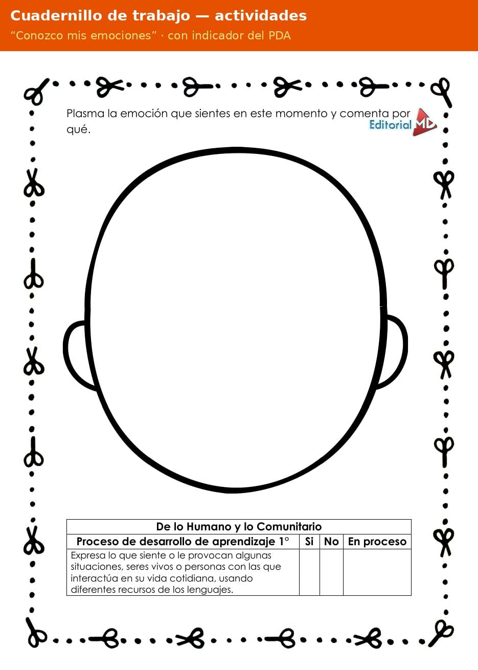 Planeación de las Emociones para Preescolar: Conozco mis Emociones 13 Página del cuadernillo de trabajo Conozco mis emociones para preescolar con indicador del PDA