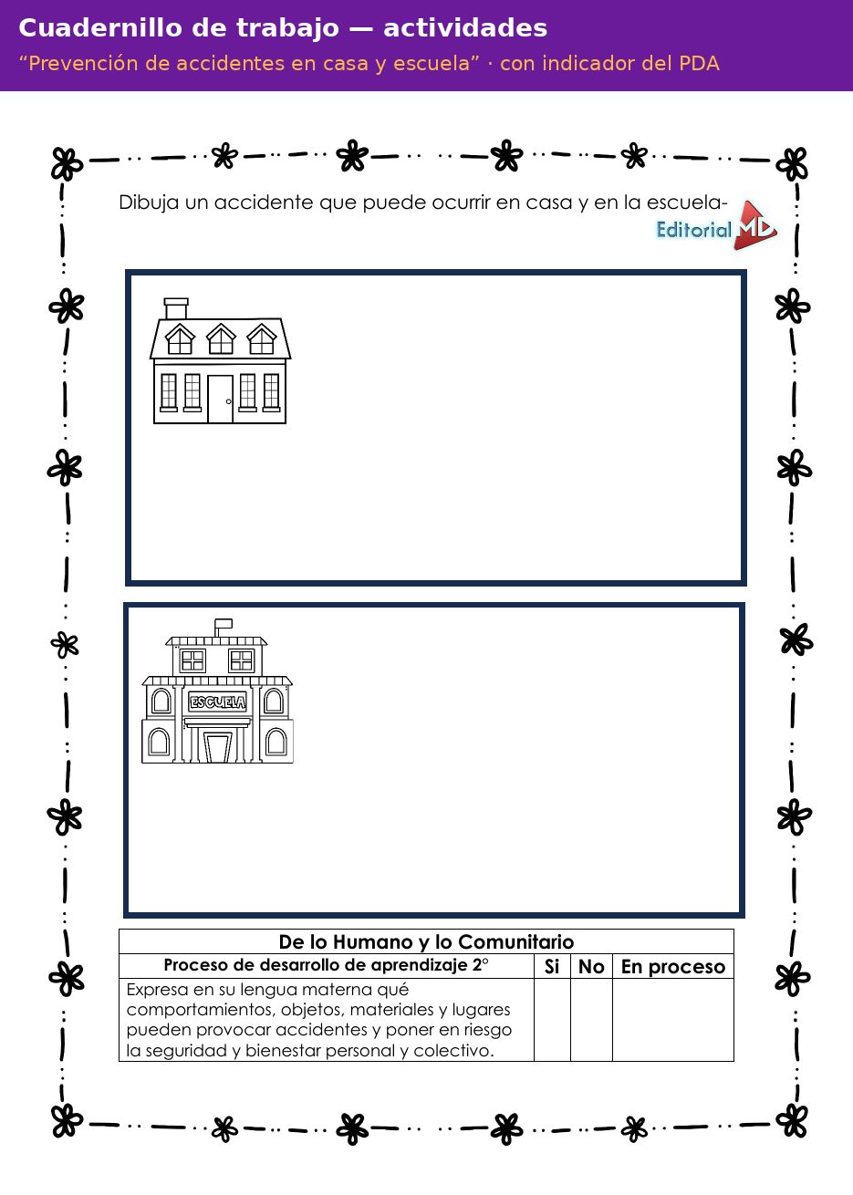 Planeación Prevención de Accidentes en Casa y Escuela para Preescolar 13 Página del cuadernillo de trabajo Prevención de accidentes en casa y escuela para preescolar con indicador del PDA